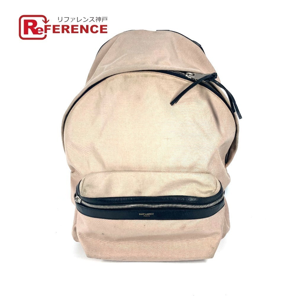 SAINT LAURENT PARIS Logo Backpack Canvas Leather Pink Beige